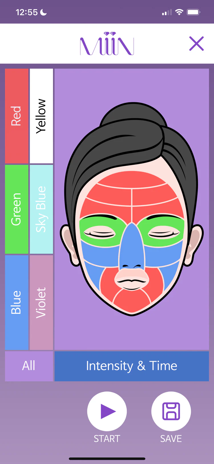 Artemis LED Face Mask expert mode app showing customizable color zones