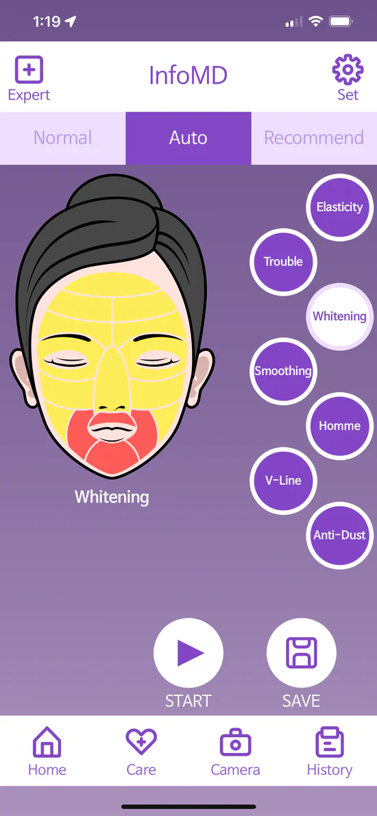 Artemis LED Face Mask auto mode showing Whitening treatment