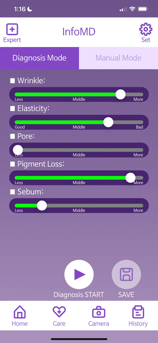 Artemis LED Face Mask diagnosis mode with sliders for wrinkles, elasticity, pores, pigment loss, and sebum